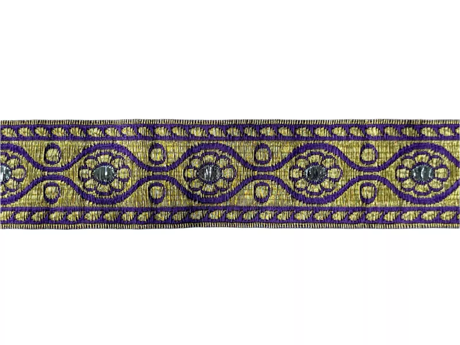 1 1/8″ Royal Purple, Metallic Gold & Silver Floral Medallions Brocade Ribbon (Made in Austria)