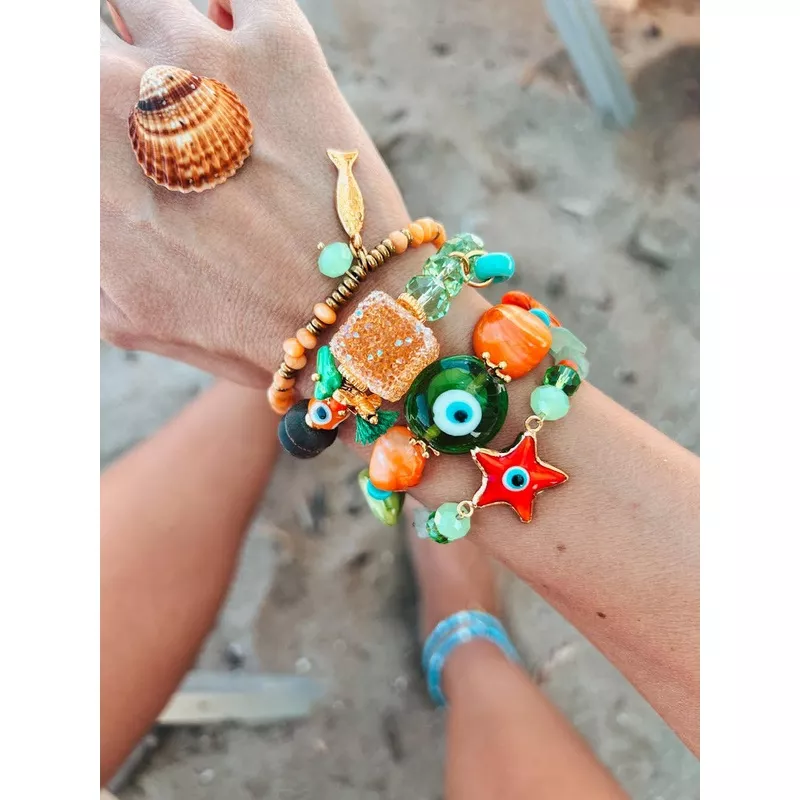 Zomerarmbanden in oranje en groen, armband met boze oogschelp: Stijl 1