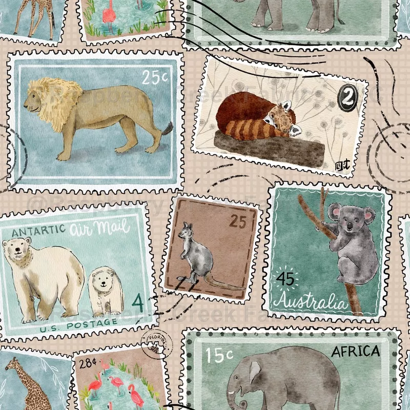 Zoo, Lion, kangaroo, stamps, polar bear, flamingo, stamps, watercolor, kids, gender neutral, tan, boys, girls, giraffe, postage stamp, vintage, tan